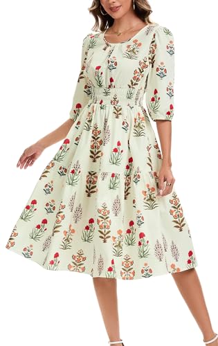 Image of Kormei Women Casual Boho Floral Round Neck 3 /4 Sleeve Smocked Waist Tiered A Line Flowy Swing Midi Dress Long Dresses