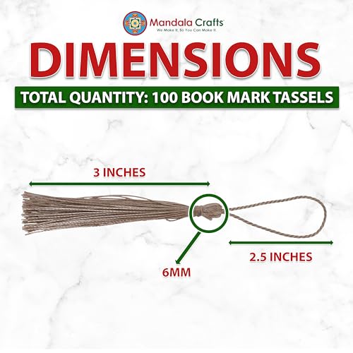 Image of Mandala Crafts Small Taupe Bookmark Tassels - 100 Bulk Silky Mini Craft Tassels with Loops for Bookmarks, Jewelry Making, Graduation Decorations, and Keychains