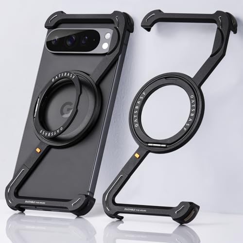 OGRANEE Metal Frameless for Google Pixel 9 Case/Pixel 9 Pro Phone Case with Magnetic Kickstand 360° Rotatable, Minimalist Slim Thin Bumper for 9pro with Ring Holder Magnetic Stand Black