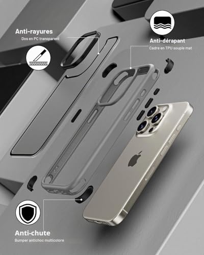 Coque iPhone 15 Pro antichoc 360 protection silicone transparente PC gris titane - 6