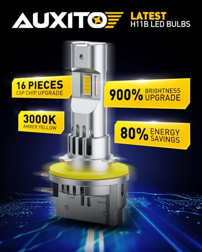 Image of AUXITO Upgraded H11B Bulb - 900% Brighter 3000K Amber Yellow Light, Direct Fit Mini Size, Hassle-Free Plug & Play, Extended Lifespan, Flicker-Free Operation, Pack of 2