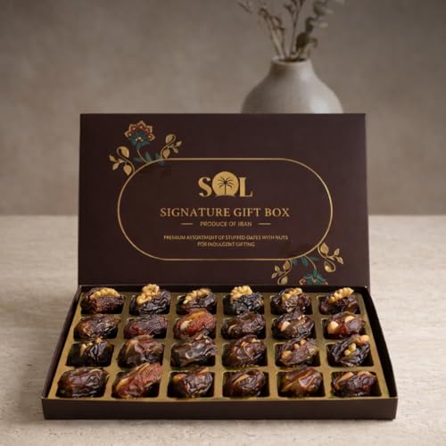 Image of Premium Dates Gift Box with Assorted Nuts - Stuffed Khajoor with Almond, Pistachio, Hazelnut & Walnut | Healthy Dry Fruit Snack | Luxury Gift Pack (24 Pcs)
