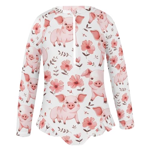 Cute Pig Animal Girls Long Sleeve Swimsuit Rash Guard One Piece Bathing Suits Zipper 3-12T2
