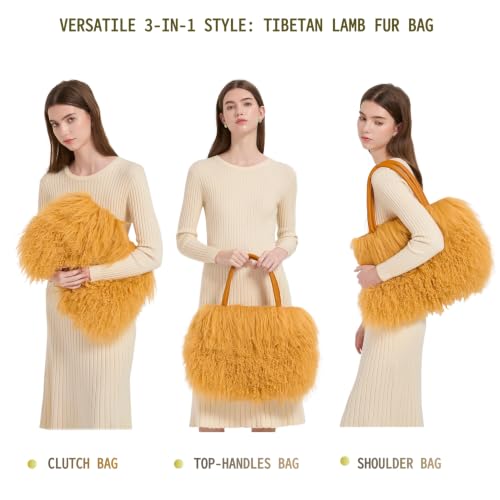 Image of Women Luxury Real Lamb /Mongolian Flush Wool Fur With Genuine Leather Handles Handbag