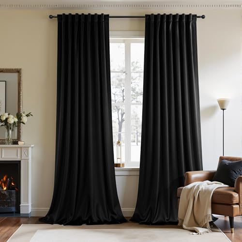 Image of Black Out Velvet Curtains 96 Inches Long for Bedroom 2 Panels Mid Century Modern Soft Heavy Soundproof Noise Reduction Thermal Insulating Drapes Gothic Curtains for Living Room Ceiling to Floor Length