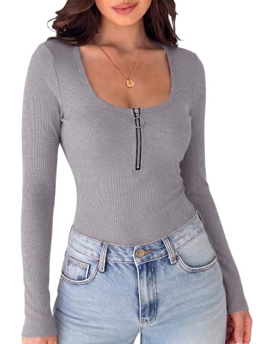 Image of Totatuit Womens Scoop Neck Zip Top Long Sleeve Ribbed Fitted Casual Gray