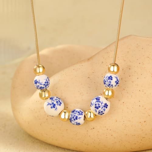 Blue And White Necklace For Women, 14k Gold-Plated Chain And Ceramic Beads Blue Floral Pattern Vintage Chinese Minimalism Style Jewelry Gift3