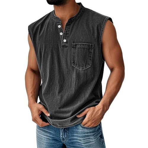 Muscle Tank Tops Men Sleeveless Workout Gym Big and Tall Henley Shirts Vintage Vest Moisture Wicking T Shirts with Pocket