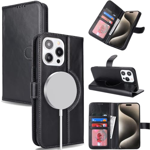 Zouzt for iPhone 15 Pro Max 6.7 Inch Genuine Leather Wallet Case with Card Holder, Compatible with MagSafe Magnetic Wireless Charging Flip Folio Cover Women Men for iPhone 15 Pro Max - Black