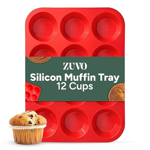 Zuvo Silicon Muffin Tray 12 Cups - Non Stick Baking Trays for Cupcakes & Brownies - (23x31cm) Red Baking Moulds for Muffin