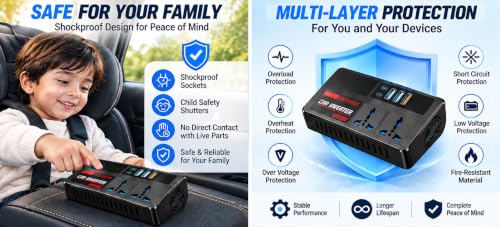 Image of PowerEdge 200W Car Laptop Charger /Car Power Inverter with 2 USB (3A & 2.4A) + 2 Type-C (30WPD & 2.4A), Smart USB Charging Ports, 12V /24V DC to 220V AC, 2X Universal AC Outlet