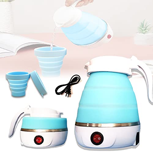 Travel Kettle Foldable Electric Travel Tea Kettle Food Grade Silicone Collapsible Water Boiler for Coffee Tea etc,Easy for Storage with Separable Power Cord and Handle Boil Dry Protection (blue)