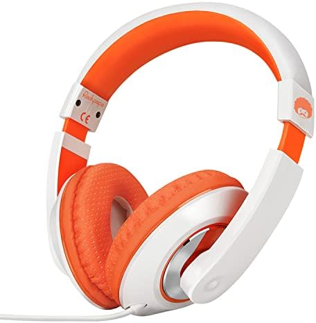 rockpapa Comfort Kids Headphones for School, Lightweight Childrens Boys Girls Teens Over-Ear Headphones Wired 3.5mm for CD DVD Player Tablet Phone Travel White/Orange