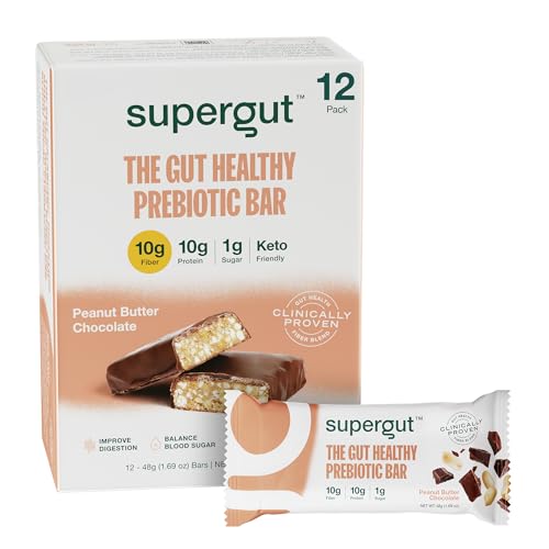 Supergut GLP-1 Boosting Prebiotic Bars, Peanut Butter Chocolate - Gut Healthy Protein Snacks & Breakfast Bars - Keto-Friendly Meal Replacement Energy Bars for Gut Health (12 Count)