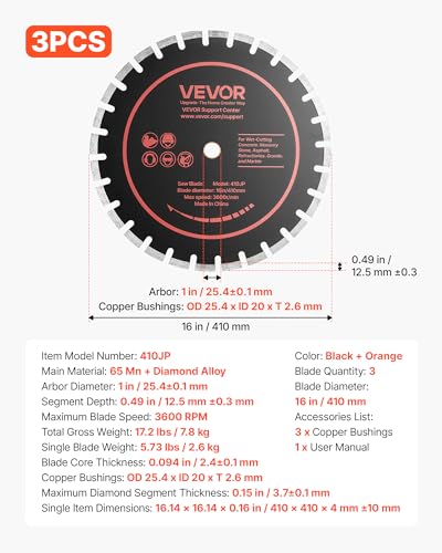 Image of VEVOR Diamond Blades 16 inch, 3-Pack Concrete Saw Blade Set, 1 in Arbor, High-Hardness Diamond Segments, 65Mn Steel Core, Dry Wet Cutting, Clean Edges for Concrete, Masonry, Brick, Stone, Granite