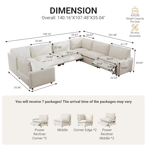 Image of 131.5 inch Power Reclining Sofa with Wireless Charging & Heated Seats,Smart Recliner Sectional Couch,Zero Gravity Recliner Sofa,Deep Seat Cloud Couch for Living Room Home Theater,Beige,7 Seats
