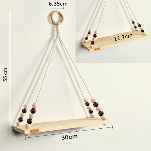 Image of Hanging Shelf with Magic Hook, Use Decor Plants, Books, Decorative Gift Items Nursery Livingroom Wooden Beads & Ring Woven Bohemian Chic for Dorm (Multicolor Beads, Medium)