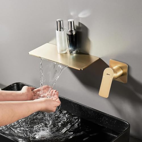 Image of AQUIEEN Plato Wall Mounted Waterfall Basin Mixer Tap | Modern Single Lever Concealed Basin Faucet | Contemporary Bathroom Sink Mixer (Brushed Gold)