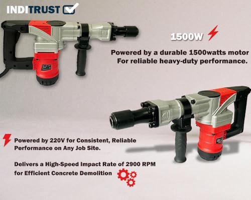 Image of Inditrust 7kg Electric Demolition Hammer, 1500W, 360 Rotating Handle, with Anti vibration control handle, 2900 RPM with 6 MONTHS WARRANTY