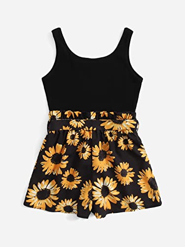 Oyoangle Girl's Sunflower Print Sleeveless Belted Romper Short Jumpsuit Black Sunflower 9Y #TOP1
