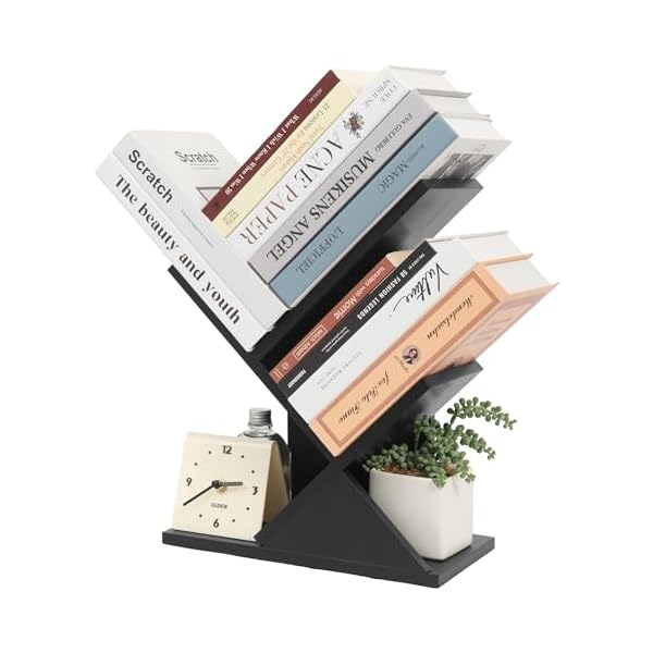 Labcosi 2 Tier Tree Bookshelf, Small Bookshelf for Storing Books/CDs, Wood Book Organizer Shelves for Home Office, Bedroom, Living Room, Black