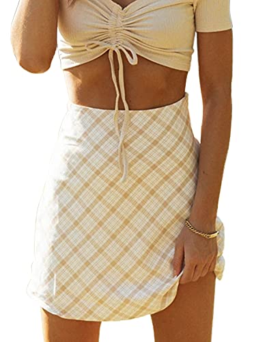 LYANER Women s Cute Plaid Print High Waist Zip Up Mini Short Skirt Yellow Large