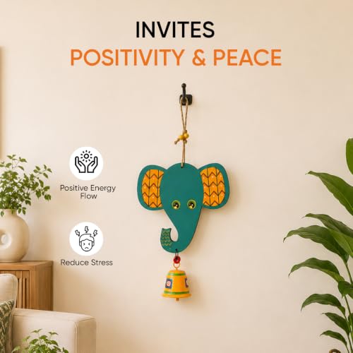 Image of Aakriti Art Creations Happy Elephant Wind Chime | Handmade Modern Art Wooden & Metal Wind Chime | Outdoor & Indoor Decorative Wind Chimes for Balcony, Garden, Living Room & Gifting
