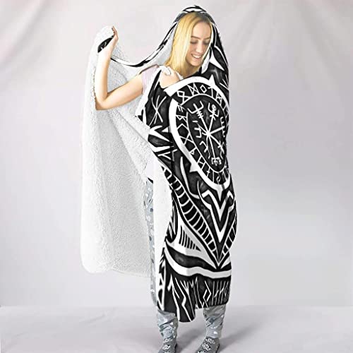 Norse Viking Vegvisir Hooded Blanket Warm Cozy Extra Soft Sherpa Throw Blanket Plush Fleece Blanket Wearable Blanket Hoodie Blanket For Kids And Adults (Color : A, Size : 70X60In/180X150Cm) #TOP2