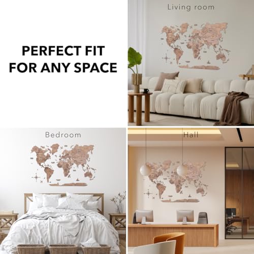 Enjoy The Wood 3D Wood World Map Wall Art Large Wood Wall Décor Housewarming Gift Idea Wall Art World Travel Map For Home & Kitchen or Office (Terra, L)