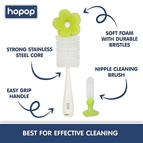 Image of Hopop Bottle Cleaner Brush | Baby Feeding Bottle Cleaning Brush & Nipple Cleaner Brush | Soft Foam Head with Durable Bristles | Easy to Clean Feeding /Water Bottle Corners | BPA Free | Green