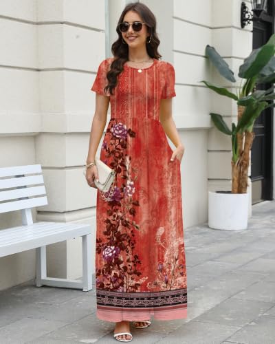 Image of COSSEN Women's Crew Neck Short Sleeve Maxi Dress with Pockets Casual Loose Swing for Wedding Guest Beach Vacation