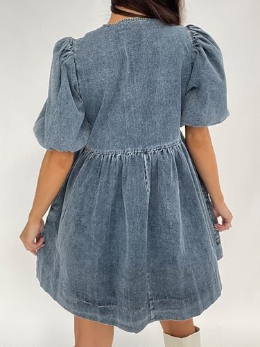 Image of Women Tie Front Denim Dress Round Neck Puff Sleeve A-line Mini Jean Dress with Pockets