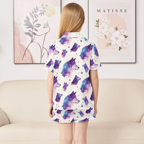 Wolf Purple Prints Summer Satin Pajama Set, Cute Button-Down Sleepwear Pj Set for Sleep Wears4