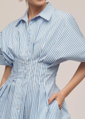Image of Women's Button Front Down Pleated Shirt Dress Summer Casual Striped Short Sleeve Blouse Mini Dresses