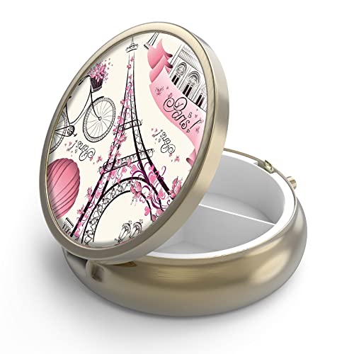 Image of Pill Case Pill Box with Mirror Retro 3 Compartment Small Pill Case for Purse or Pocket Bronze Small Roud Pill Box or Vitamins, Fish Oil, Supplements, Pill Containe Travel Gifts(Paris Eiffel Tower)