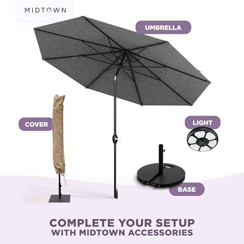 Image of Midtown Umbrellas - The Lean 10 Ft Patio Umbrella with 10-Year-No-Fade Acrylast Acrylic Fabric, Auto-Tilt and 8 Reinforced Ribs for Deck, Pool, Garden, Hotel & Cafes - Stonecast Grey Canopy, Black Pole