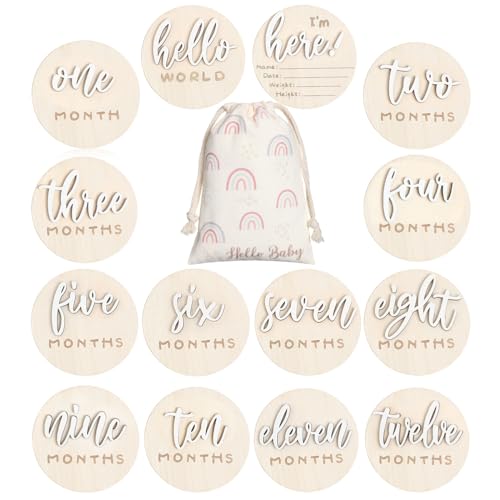 Image of Burbell 7 Pack 3D Baby Monthly Milestone Card Signs Baby Announcement Sign Double Sided Hello World Newborn Signs Wooden Circles Discs for Welcome Newborn Shower Boy Girl Photo Props(White)