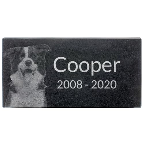 Black Granite Memorial Headstone for Lost Loved Ones, Dogs, Cats, and Family Pets. " Great for Your Garden, Tree Dedication, or in a Cemetery. Includes your personal text and photo (8 x 4 x 1")