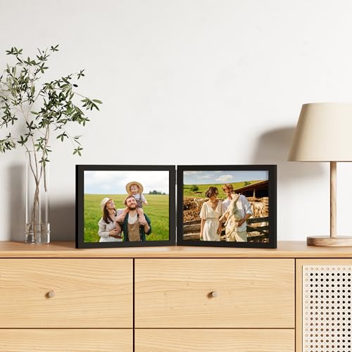 decorUhome Double 10x8 Picture Frame Horizontal, Engineered Wood Bifold Photo Frame with Plexiglass for Tabletop Display, 10x8, Black