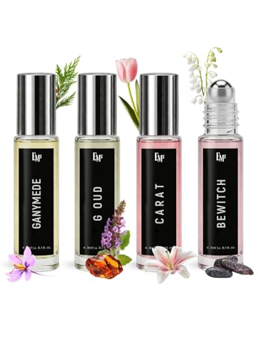 Image of EM5 Set of 4 Pure Perfume Oil (Attar) Roll-On for Her - Skin Safe, FDA Approved, IFRA Compliant | Alcohol Free & Travel Friendly | Ganymede, G Oud, Carat, Bewitch - Strong & Long Lasting Roll On Perfume | Luxury Gift for Her | 3ml x 4