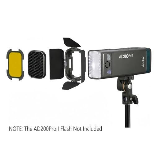 Image of GODOX BD-07 II Barn Door Compatible for Godox AD200Pro II Pocket Flash, with Detachable Honeycomb Grid and 4 Color Gel Filters