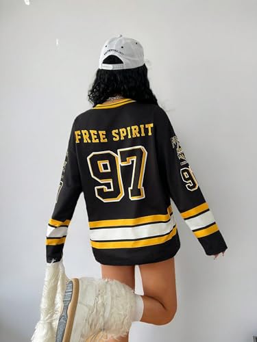 SweatyRocks Girl's Letter Graphic Jersery T Shirt Oversized Long Sleeve V Neck Striped Casual Tees Top2