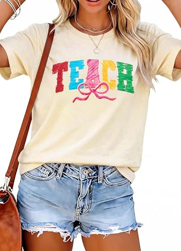 Image of Teacher Shirts Women Teach Print Graphic Tees Kindergarten Elementary Teaching Life Shirts Back to School Tees Tops