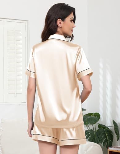 YOPUGEE Silk Pajamas Sets for Women 2 Piece Shorts Satin Pj Sets Short Sleeve Button Down Sleepwear Pjs Set, Champagne-L