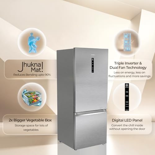 Image of Haier 325 L 3 Star Frost Free Triple Inverter Double Door Bottom Mount Refrigerator, Digital Touch Display & 2X Bigger Fresh Storage (HEB-333DSA-P, Dazzle Steel, 14 In 1 Convertible Modes, 2026 Model)
