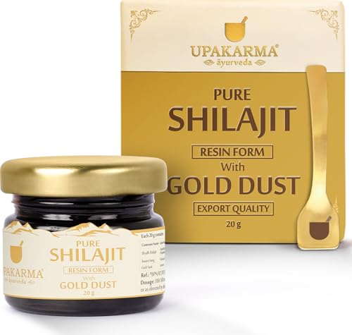 UPAKARMA Pure Shilajit Resin with Gold Dust 20g | Potent 300mg/serving | Extensive Global Sourcing | Potent Ayurvedic Formula with 24 Carat Gold | Lab-Tested Purity | 66 Servings
