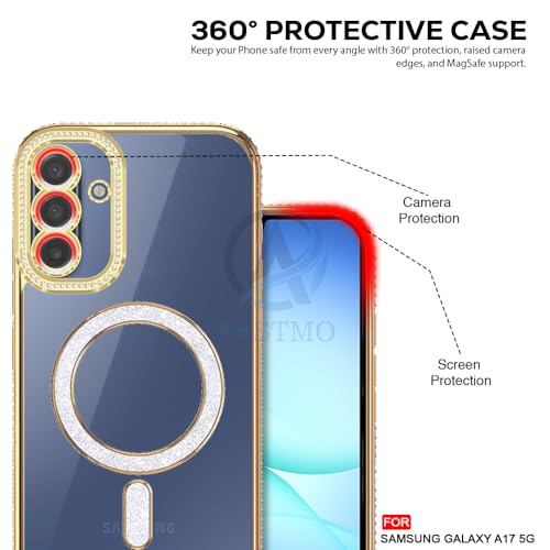Image of AESTMO Back Cover for Samsung Galaxy A17 / M17 / F17 5G Compatible with MagSafe | Diamond Glitter Case | Luxury Bling Rhinestone Soft Clear TPU Bumper | Camera Lens Protection Cover (Gold)