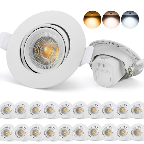 Schiele Focos LED Interior Techo IP65, Downlight LED Techo Empotrable 7W 230V, Corte 68mm - 80mm Luz Cálida Luz Neutra Luces Frío, Ojos de Buey para Cocina Baño Habitacion, 20 Pack