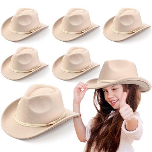 Riyiper 6 Pcs Kids Cowboy Hat Wide Brim Western Cowgirl Beige Felt Hat for Kids Boys Girls Birthday Halloween Cowboy Theme Party Supplies