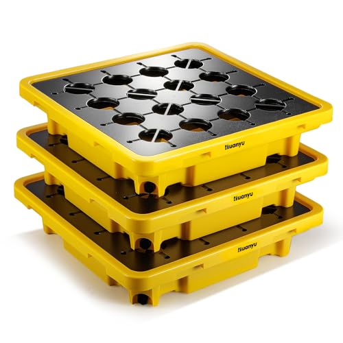 Huanyu Spill Containment Pallet Modular Spill Containment Tray Platform with Drain Outlet 1 Drum Capacity 200L 26.4 x 26.4 x 6 Inches Load 800kg 1763lb (3 Pcs)